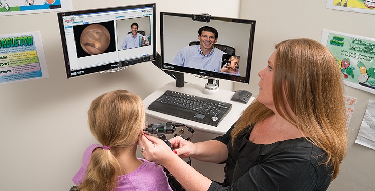 People performing telemedicine with ear scope