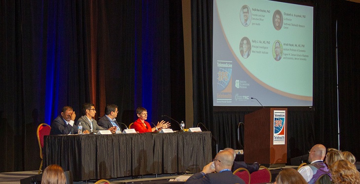 “Proving Your Case with Quality Metrics &amp; Cost Data” panel with from left to right: Arnab Nayak, PhD from Mercer University, Kelly Ko, PhD from West Health, Najib Ben Brahim, PhD from Ignis Health, and moderator Elizabeth Krupinski, PhD from the ATP-SWTRC.